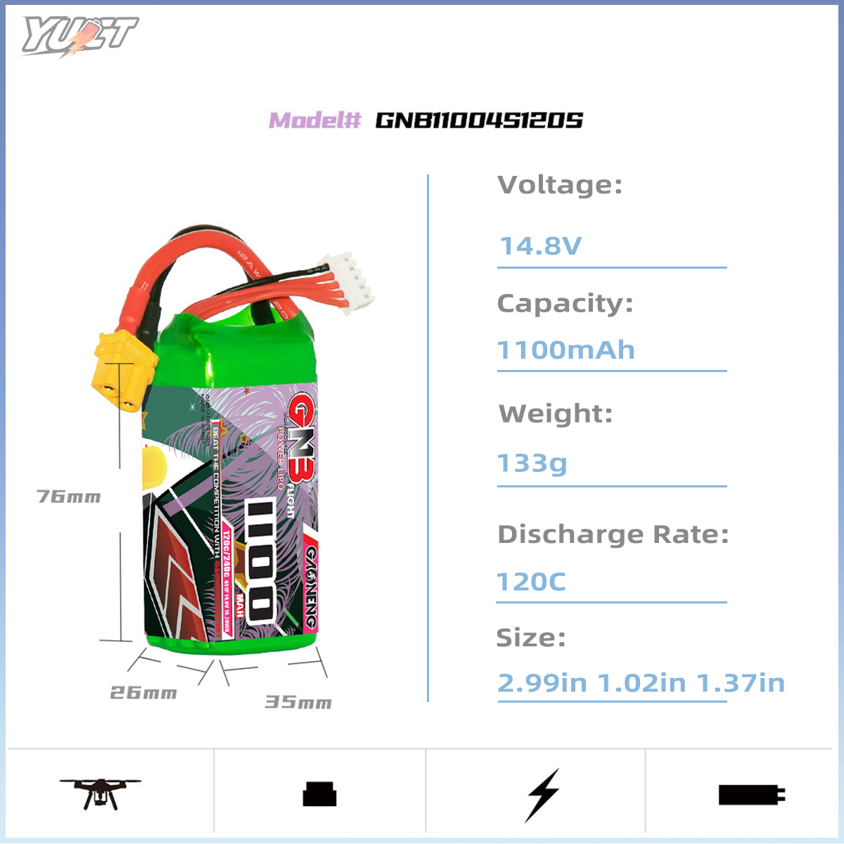 YUCT GNB 6S LiPo Battery 22.2V - đánh giá và giá Drone Battery 4S
